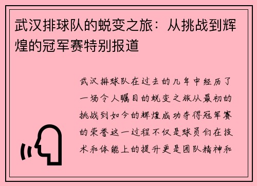 武汉排球队的蜕变之旅：从挑战到辉煌的冠军赛特别报道